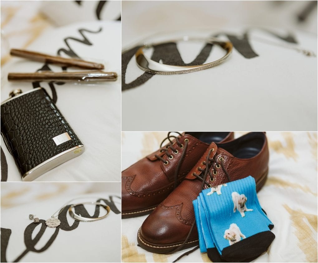 Premier snohomish & seattle wedding photographer | gsquared weddings photography a collage featuring mens wedding accessories for a snohomish seattle wedding a silver flask two pens a silver bracelet brown dress shoes and blue socks with white dog prints all artfully arranged on fabric | serving snohomish seattle                   & beyond
