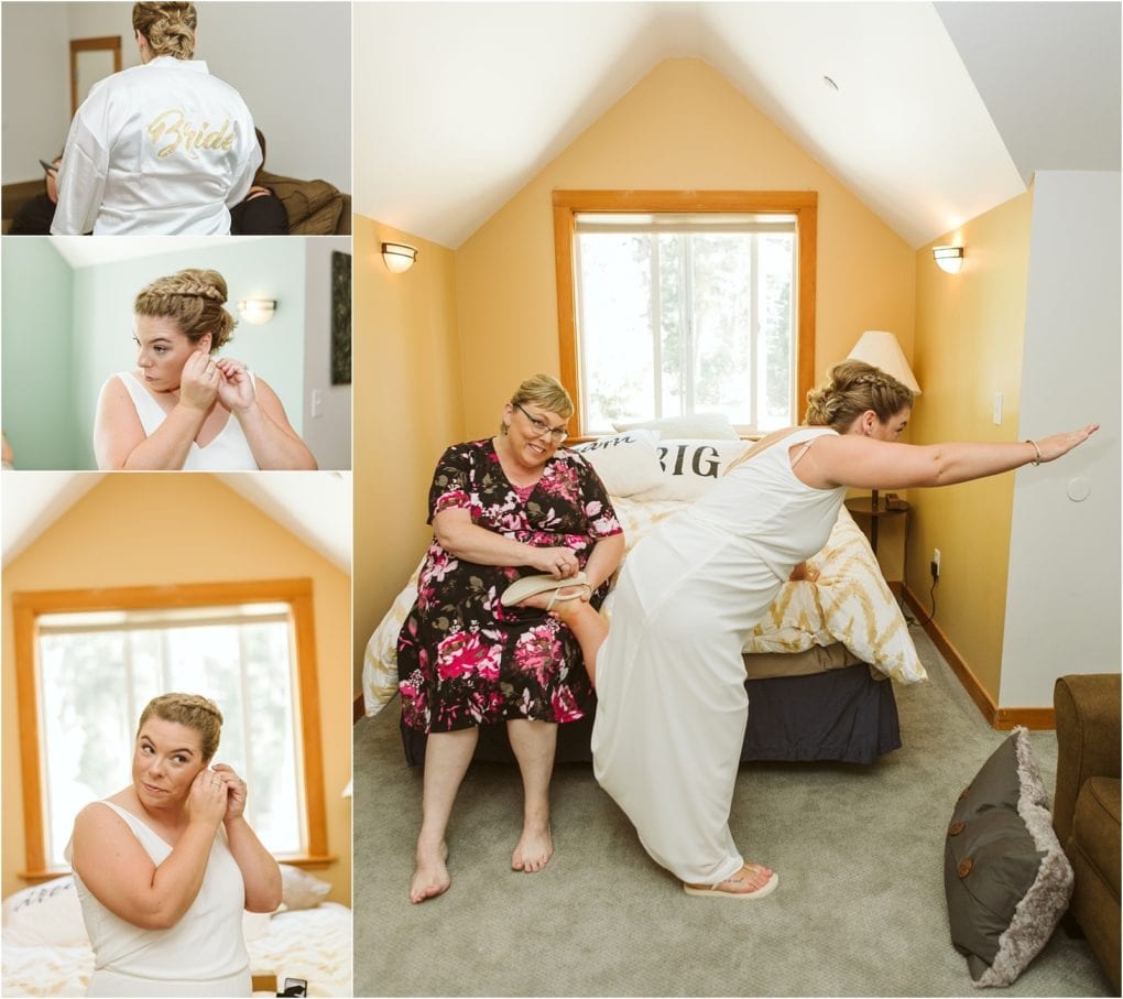 Premier snohomish & seattle wedding photographer | gsquared weddings photography a collage captures a snohomish bride getting ready her robe says bride she puts on earrings poses playfully while a woman in a floral dress helps with her shoe all in a bright room with a made bed before the seattle wedding | serving snohomish seattle                   & beyond