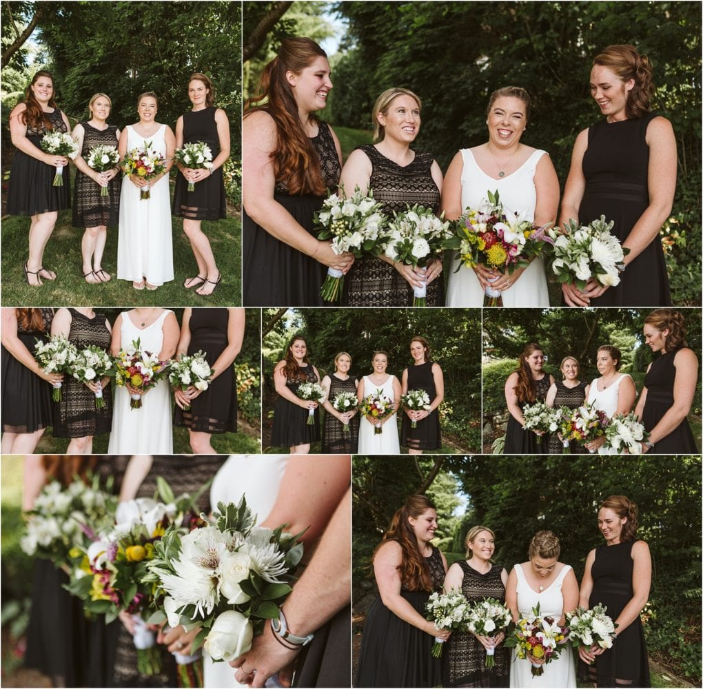 Premier snohomish & seattle wedding photographer | gsquared weddings photography a collage of snohomish outdoor wedding photos shows a bride in a white dress holding a bouquet laughing with three bridesmaids in black dresses amid lush greenery near seattle Close ups capture their stunning floral bouquets | serving snohomish seattle                   & beyond