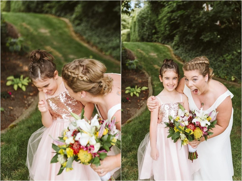 Premier snohomish & seattle wedding photographer | gsquared weddings photography two photos side by side show a smiling bride in a white dress with braided hair and a young girl in a pink dress with a sparkly top They are laughing together outdoors at a joyful snohomish wedding holding a colorful bouquet of flowers | serving snohomish seattle                   & beyond