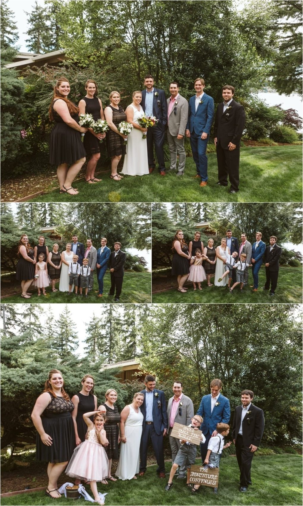 Premier snohomish & seattle wedding photographer | gsquared weddings photography a wedding party poses outdoors on green grass in snohomish surrounded by trees Adults and children in formalwear some holding flowers In one photo two children hold a sign that says the adventure begins | serving snohomish seattle                   & beyond