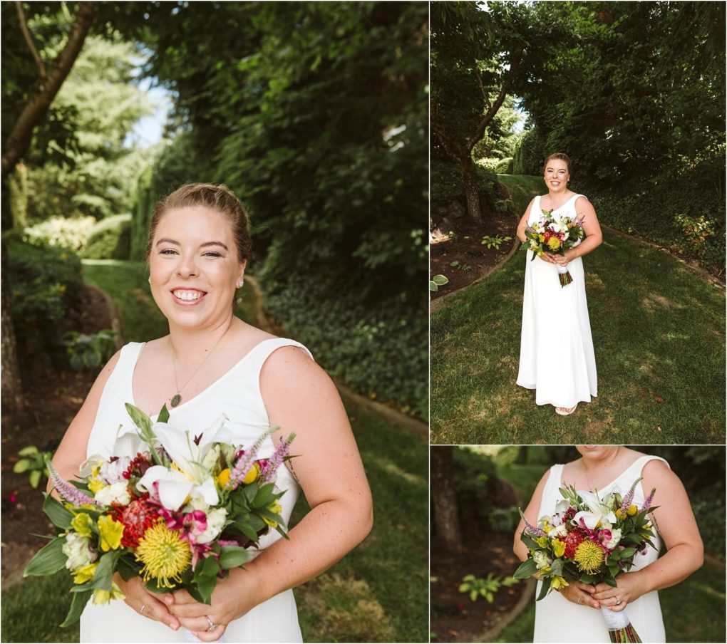 Premier snohomish & seattle wedding photographer | gsquared weddings photography a smiling bride in a white dress holds a colorful bouquet standing outside on a green lawn surrounded by trees and shrubs Three photos capture her from different angles at this picturesque snohomish seattle wedding | serving snohomish seattle                   & beyond