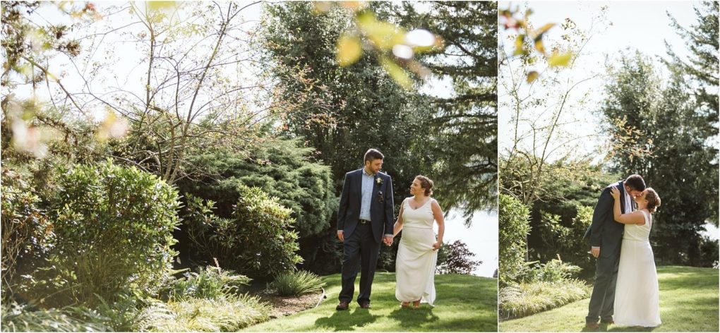 Premier snohomish & seattle wedding photographer | gsquared weddings photography two newlyweds walk hand in hand on a sunlit snohomish lawn surrounded by greenery In one image they look at each other in the other they share a tender kiss beneath leafy trees A perfect seattle wedding moment | serving snohomish seattle                   & beyond
