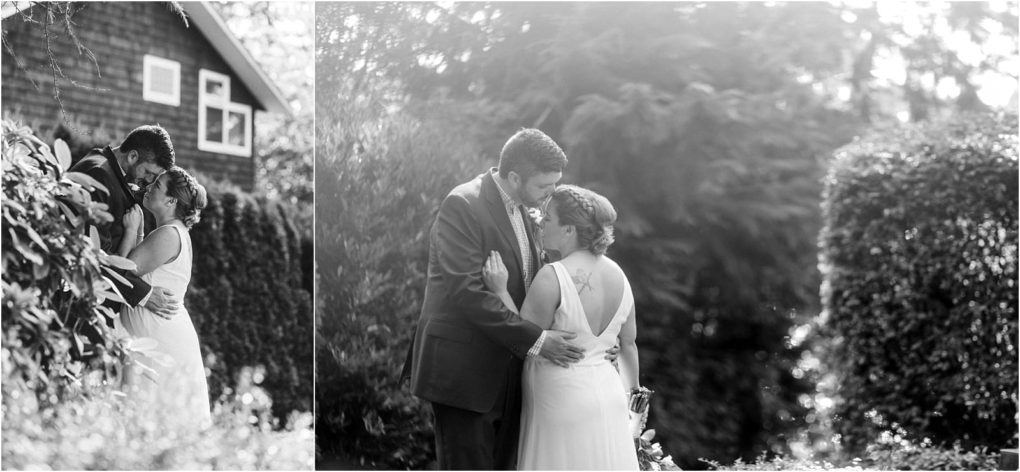 Premier snohomish & seattle wedding photographer | gsquared weddings photography two black and white photos of a bride and groom outdoors at their snohomish wedding In one they kiss near a house with greenery in the other they embrace in a garden sunlight filtering through the trees behind them | serving snohomish seattle                   & beyond