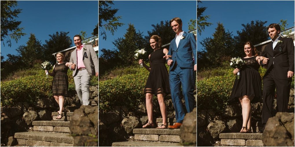 Premier snohomish & seattle wedding photographer | gsquared weddings photography three photos show a woman in a black dress holding flowers being escorted down outdoor stone steps by different men in suits under a bright blue sky with greenerya lovely moment from a snohomish seattle wedding engagement | serving snohomish seattle                   & beyond