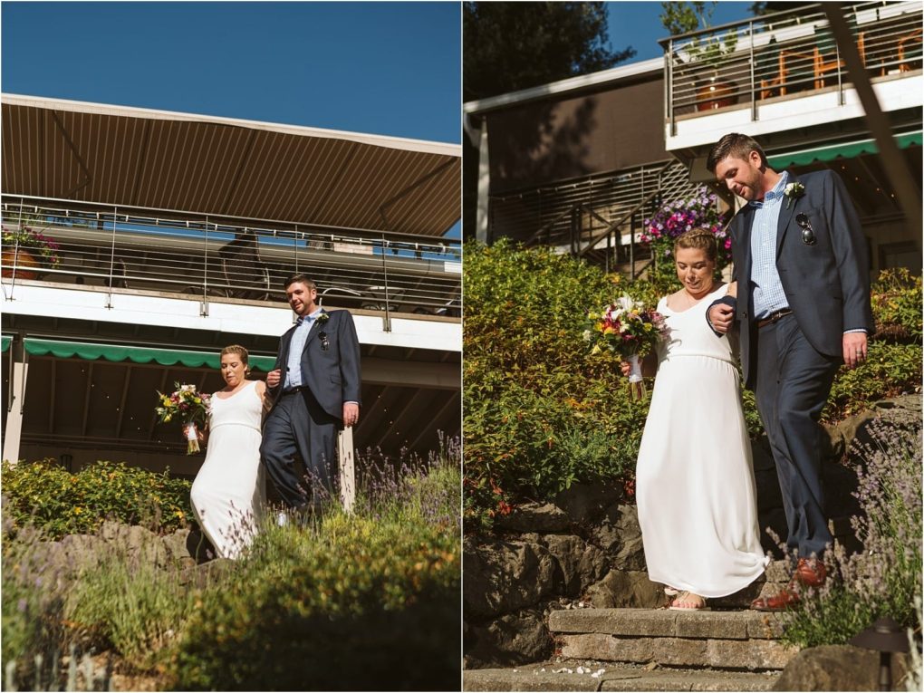 Premier snohomish & seattle wedding photographer | gsquared weddings photography two wedding photos show a bride in a white dress and groom in a blue suit walking down outdoor steps together at a snohomish seattle wedding surrounded by greenery and flowers near a modern building | serving snohomish seattle                   & beyond