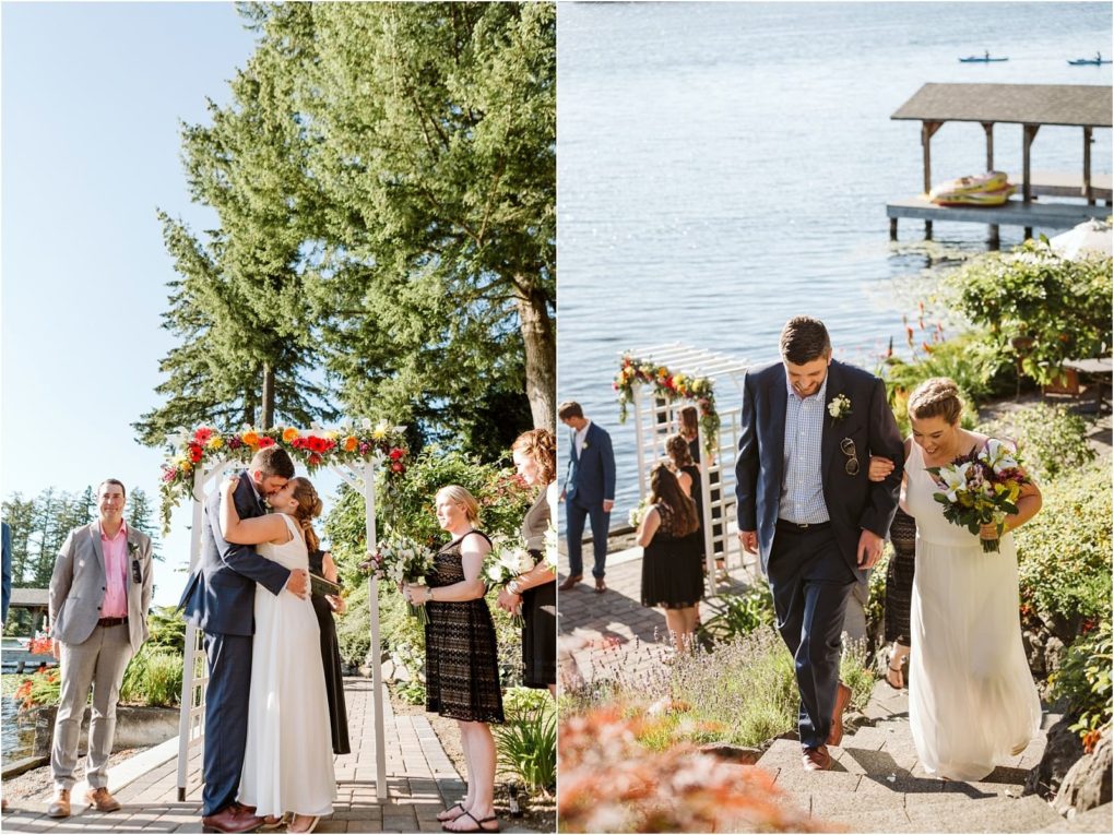 Premier snohomish & seattle wedding photographer | gsquared weddings photography a couple in wedding attire celebrates outdoors by a lake on the left they embrace under a floral arch with guests nearby and on the right they walk up stone steps smiling holding handsa perfect snohomish seattle wedding setting | serving snohomish seattle                   & beyond
