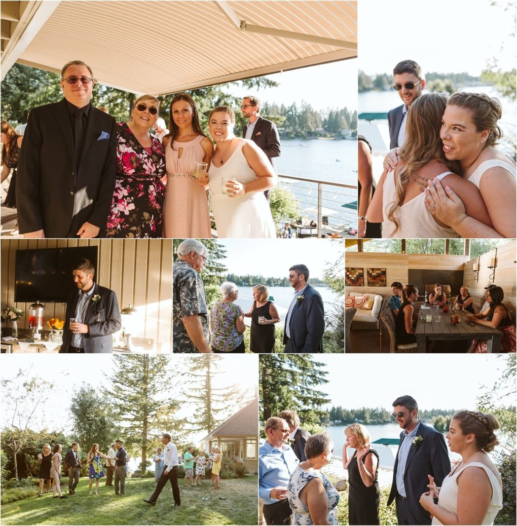 Premier snohomish & seattle wedding photographer | gsquared weddings photography a collage of snohomish wedding reception photos shows guests in formal attire socializing laughing and enjoying drinks by a lakeside on a sunny day with trees and water in the background | serving snohomish seattle                   & beyond