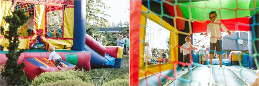 Premier snohomish & seattle wedding photographer | gsquared weddings photography two images the left shows a young child climbing into a colorful outdoor bouncy castle at a snohomish seattle wedding as adults chat the right shows two boys joyfully jumping inside the bouncy castle | serving snohomish seattle                   & beyond