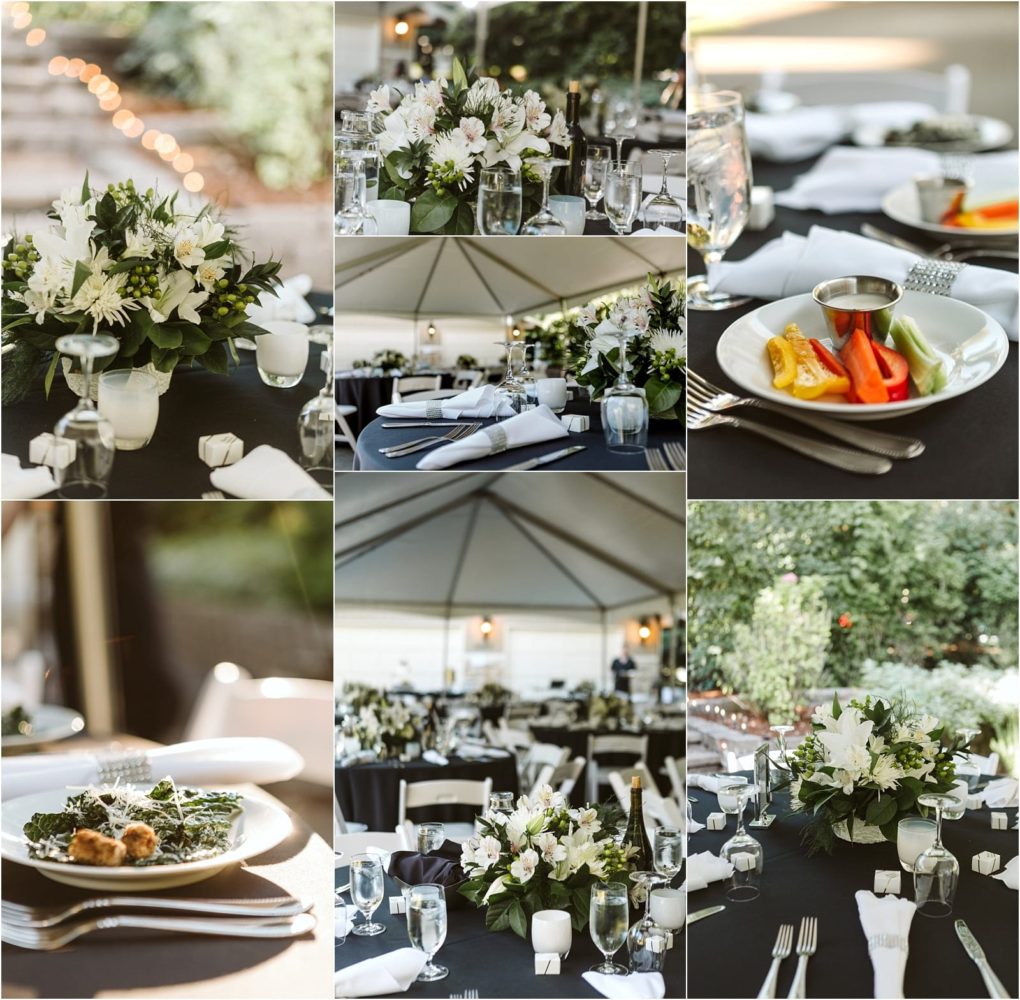 Premier snohomish & seattle wedding photographer | gsquared weddings photography collage of elegant outdoor snohomish seattle wedding table settings with white flowers folded napkins glassware and plated salads under a white canopy surrounded by greenery Close ups show floral centerpieces and fresh appetizers | serving snohomish seattle                   & beyond
