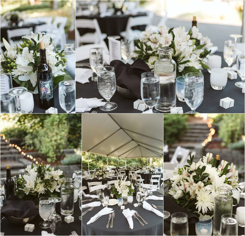 Premier snohomish & seattle wedding photographer | gsquared weddings photography collage of elegant outdoor snohomish wedding table settings under a tent featuring white flowers black napkins glassware wine bottles and white chairs with greenery and string lights in the background Perfect for a seattle engagement celebration | serving snohomish seattle                   & beyond