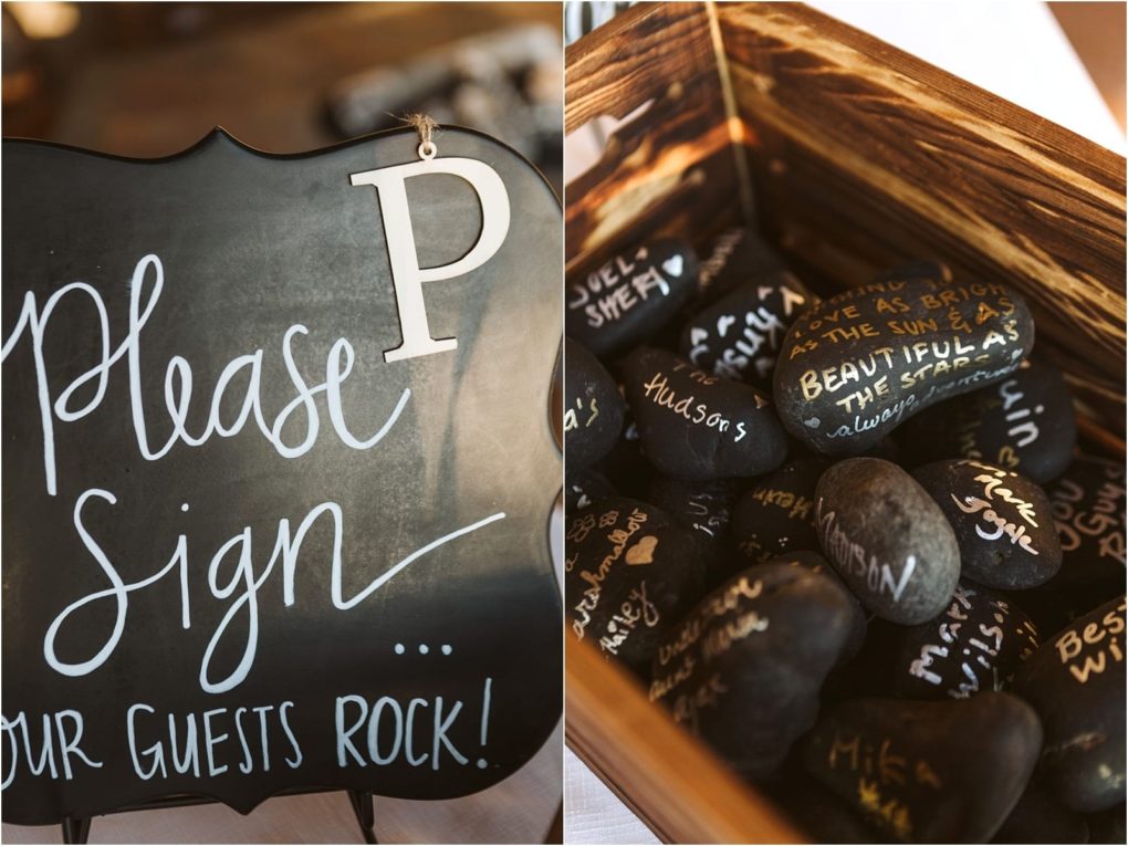 Premier snohomish & seattle wedding photographer | gsquared weddings photography a chalkboard sign says please signour guests rock  next to a wooden box filled with smooth black rocks each artfully decorated with handwritten names and messages in white and gold ink at this charming snohomish seattle wedding | serving snohomish seattle                   & beyond