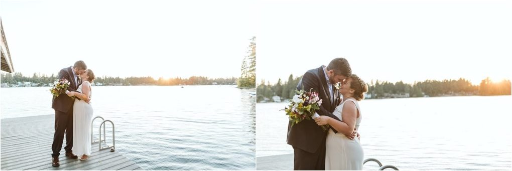 Premier snohomish & seattle wedding photographer | gsquared weddings photography a bride and groom embrace and smile on a wooden dock by a lake at sunset in snohomish seattle The groom holds a bouquet and leans his forehead to the brides surrounded by trees and tranquil watera perfect wedding engagement moment | serving snohomish seattle                   & beyond