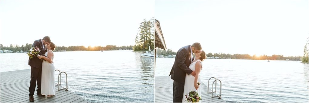 Premier snohomish & seattle wedding photographer | gsquared weddings photography a bride and groom share a kiss on a dock by a lake at sunset near snohomish with trees a boat and calm water in the background The bride holds a bouquet and both are dressed in formal wedding attire for their seattle wedding | serving snohomish seattle                   & beyond