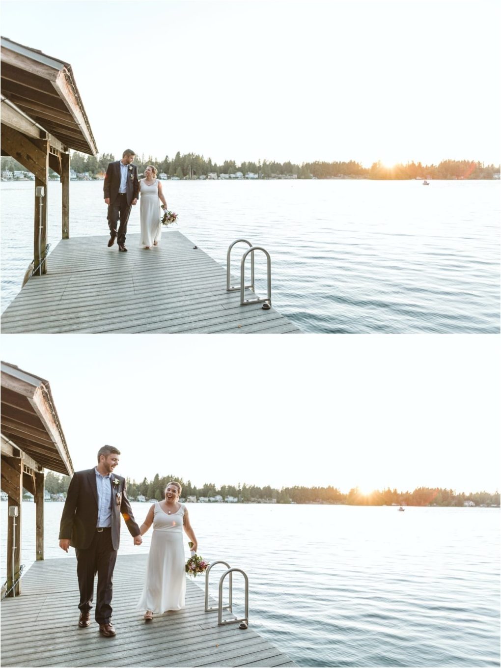 Premier snohomish & seattle wedding photographer | gsquared weddings photography a bride and groom walk hand in hand on a wooden dock by a calm lake at sunset near snohomish with trees in the distance and soft sunlight reflecting off the watera perfect seattle wedding engagement moment | serving snohomish seattle                   & beyond