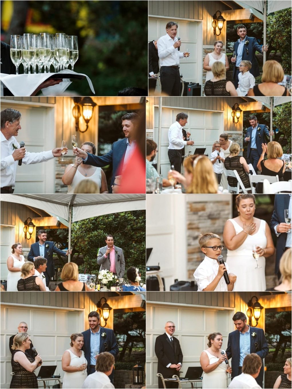 Premier snohomish & seattle wedding photographer | gsquared weddings photography a collage of snohomish wedding reception scenes shows people giving speeches toasting with champagne and celebrating outdoors under a tent with friends and family Guests are smiling and engaged in the joyful event | serving snohomish seattle                   & beyond
