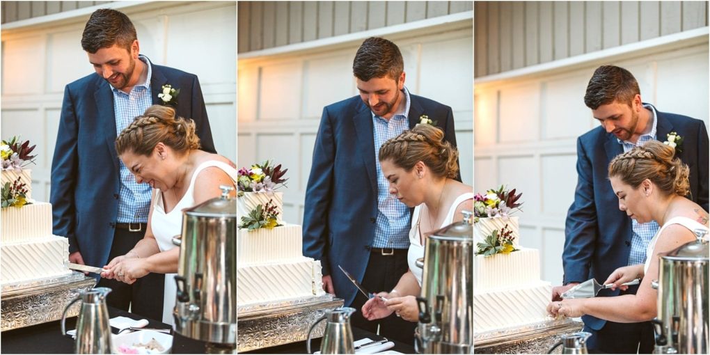Premier snohomish & seattle wedding photographer | gsquared weddings photography a bride and groom smiling and focused cut a white wedding cake together at their snohomish seattle wedding reception The sequence shows the bride slicing the cake while the groom stands beside her both appearing happy and engaged | serving snohomish seattle                   & beyond