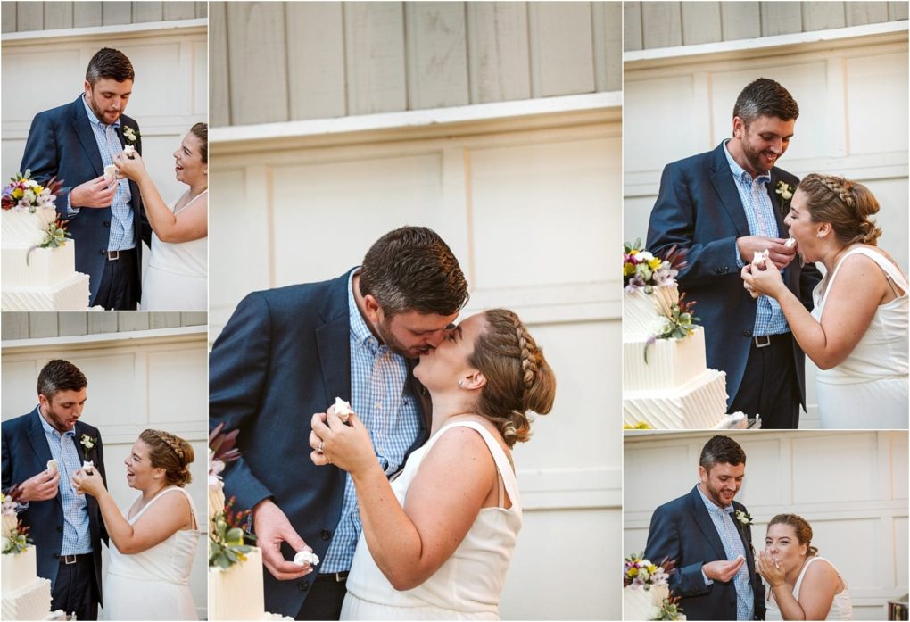 Premier snohomish & seattle wedding photographer | gsquared weddings photography a snohomish bride and groom share laughs feed each other cake and kiss during their wedding cake cutting ceremony standing by a white tiered cake with floral decorations at their seattle wedding | serving snohomish seattle                   & beyond