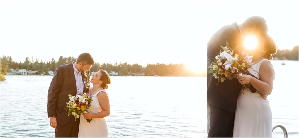 Premier snohomish & seattle wedding photographer | gsquared weddings photography a couple in wedding attire stands by a snohomish lake at sunset holding bouquets and gazing at each other lovingly in another shot they kiss as sunlight shines between them capturing the essence of a seattle wedding engagement | serving snohomish seattle                   & beyond