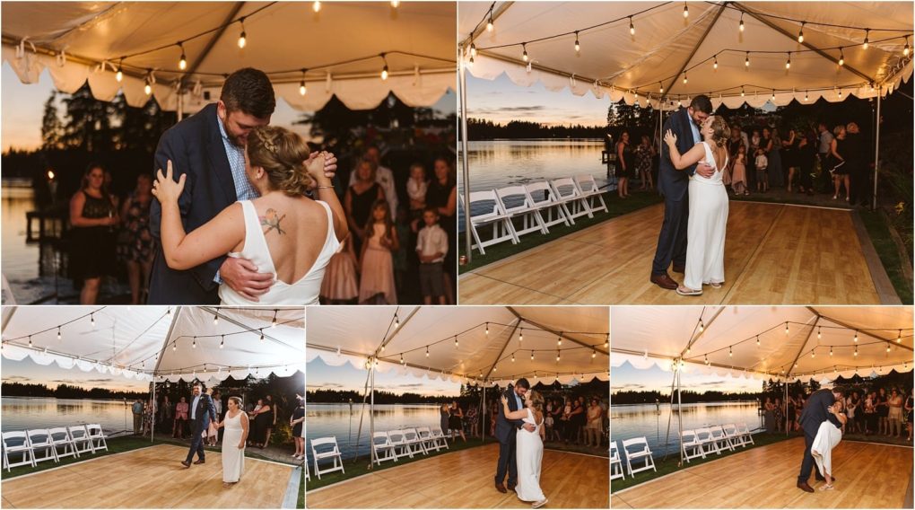 Premier snohomish & seattle wedding photographer | gsquared weddings photography a bride and groom share their first dance under a white tent by a lake at sunset during a romantic snohomish wedding surrounded by guests watching beneath glowing string lights | serving snohomish seattle                   & beyond