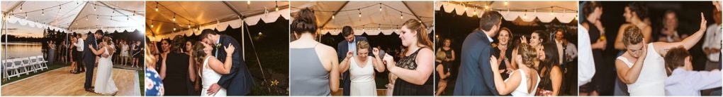 Premier snohomish & seattle wedding photographer | gsquared weddings photography a series of snohomish wedding reception photos show couples and guests dancing and celebrating under a white tent decorated with string lights next to a lake at sunset | serving snohomish seattle                   & beyond