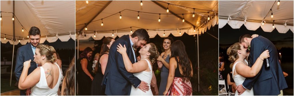 Premier snohomish & seattle wedding photographer | gsquared weddings photography three photos of a bride and groom dancing joyfully under a tent with string lights at night at their snohomish seattle wedding surrounded by guests smiling and celebrating together | serving snohomish seattle                   & beyond