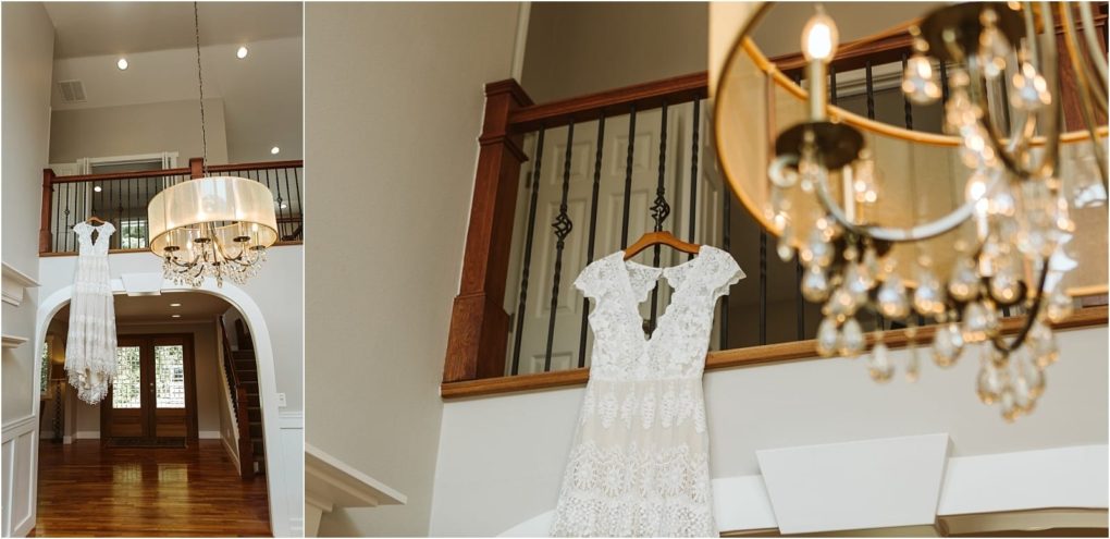 Premier snohomish & seattle wedding photographer | gsquared weddings photography a white lace wedding dress hangs from a balcony railing inside a house near snohomish A chandelier with crystal accents is in the foreground and warm natural light fills this inviting seattle wedding space | serving snohomish seattle                   & beyond