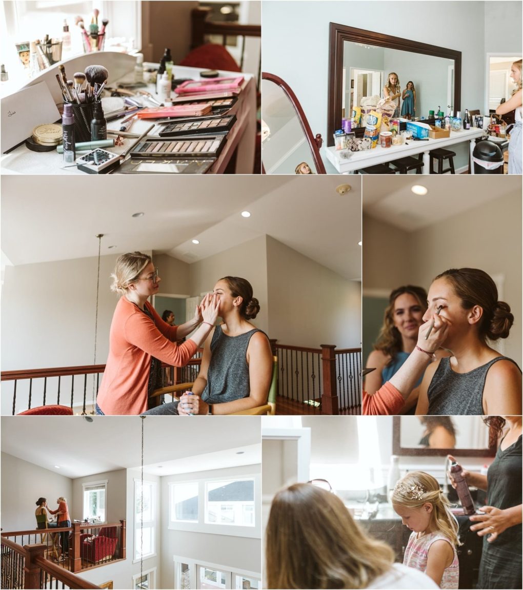 Premier snohomish & seattle wedding photographer | gsquared weddings photography a collage showing women preparing for a snohomish wedding makeup and beauty products on a counter women applying makeup and a bright spacious room with natural light and large windows | serving snohomish seattle                   & beyond