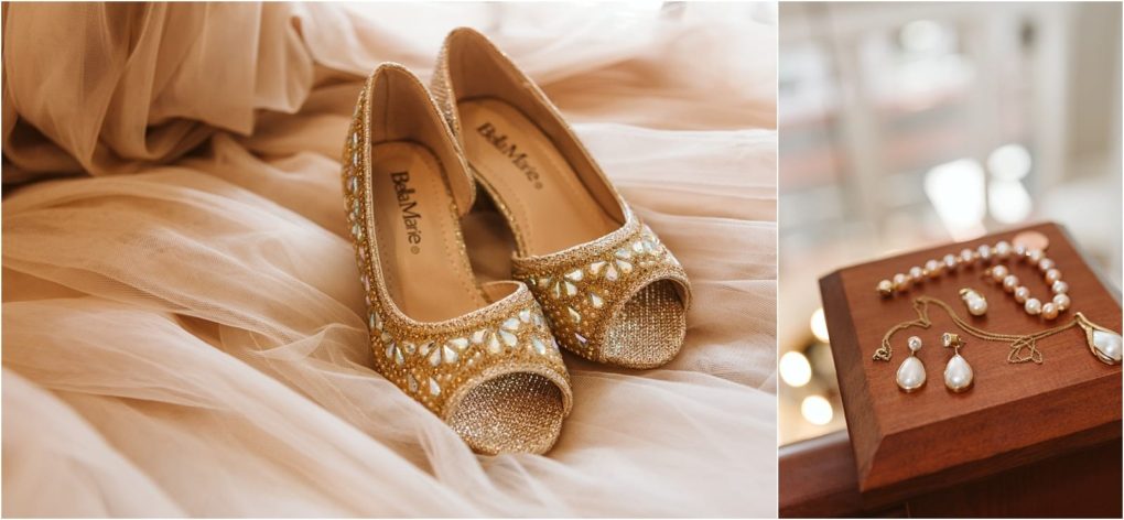 Premier snohomish & seattle wedding photographer | gsquared weddings photography a pair of gold embellished open toe shoes on soft fabric sits on the left while pearl jewelry including earrings necklaces and a ring rests on a wooden boxperfect accents for a snohomish seattle wedding or engagement | serving snohomish seattle                   & beyond