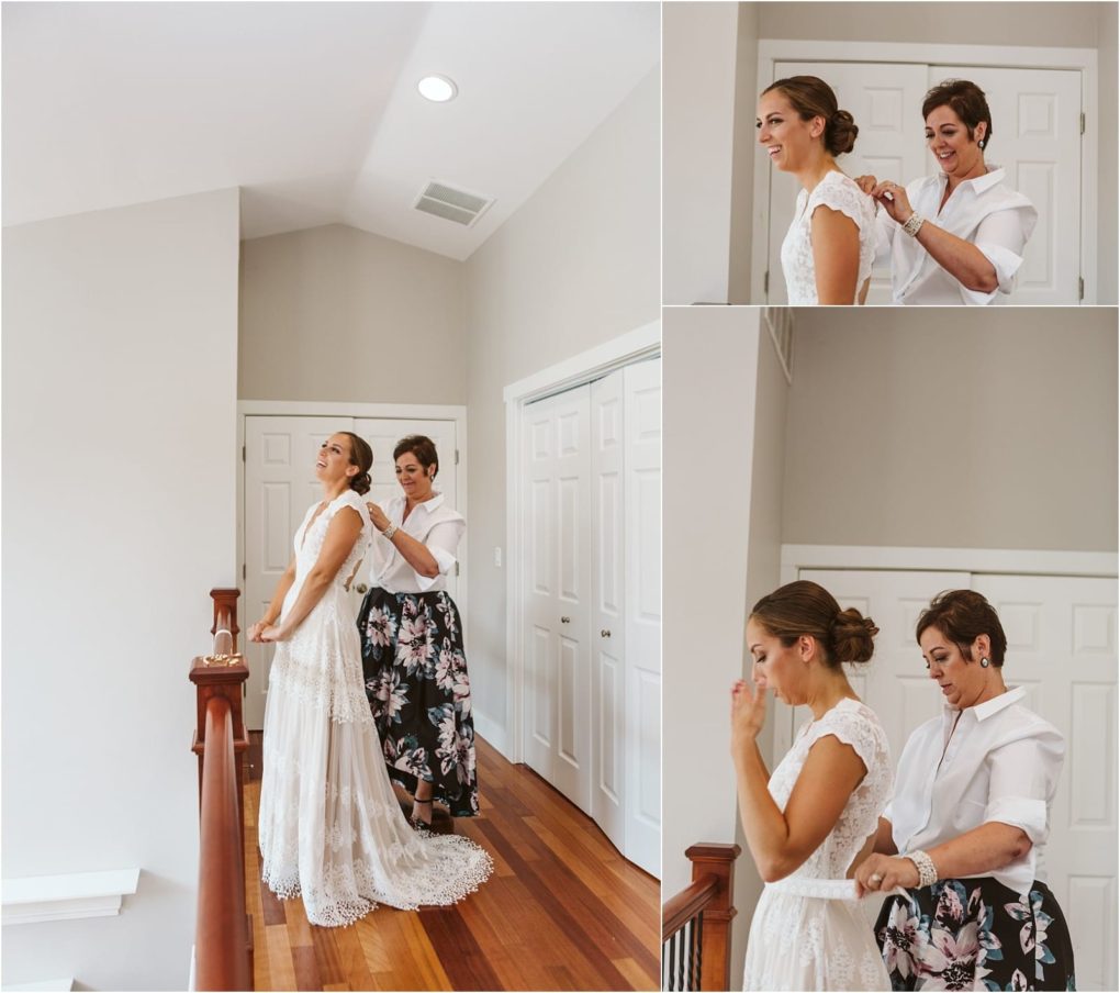 Premier snohomish & seattle wedding photographer | gsquared weddings photography a bride in a white dress stands on a wooden hallway as her mother helps button her gown Smiling and emotional she prepares for her snohomish seattle wedding both dressed in white tops sharing a heartfelt moment before the engagement ceremony | serving snohomish seattle                   & beyond