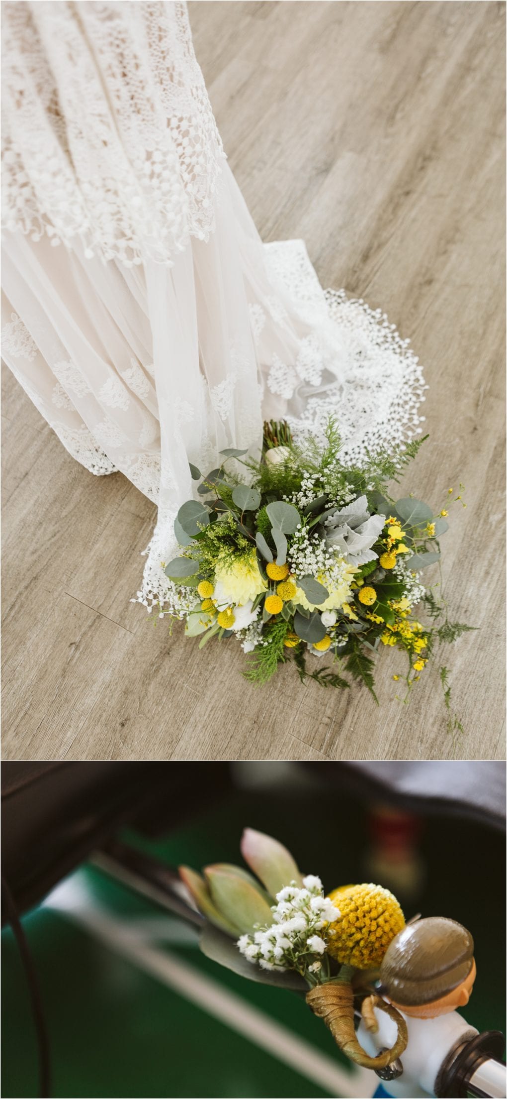 Premier snohomish & seattle wedding photographer | gsquared weddings photography a bride in a lace wedding dress stands on a wooden floor with a bouquet of yellow white and green flowers at her snohomish seattle wedding below a close up of a small floral arrangement attached to a figurine | serving snohomish seattle                   & beyond