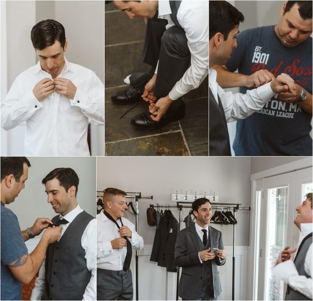 Premier snohomish & seattle wedding photographer | gsquared weddings photography a groom and his groomsmen are getting ready together in a bright modern room near snohomish adjusting shirts fixing ties tying shoes and smiling as they prepare for a seattle wedding | serving snohomish seattle                   & beyond