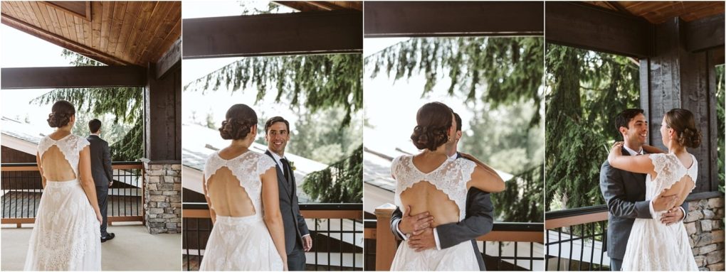 Premier snohomish & seattle wedding photographer | gsquared weddings photography a bride in a lace dress approaches a smiling groom on a covered outdoor porch for their snohomish wedding first look They see each other embrace and smile warmly capturing a magical seattle engagement moment on their special day | serving snohomish seattle                   & beyond