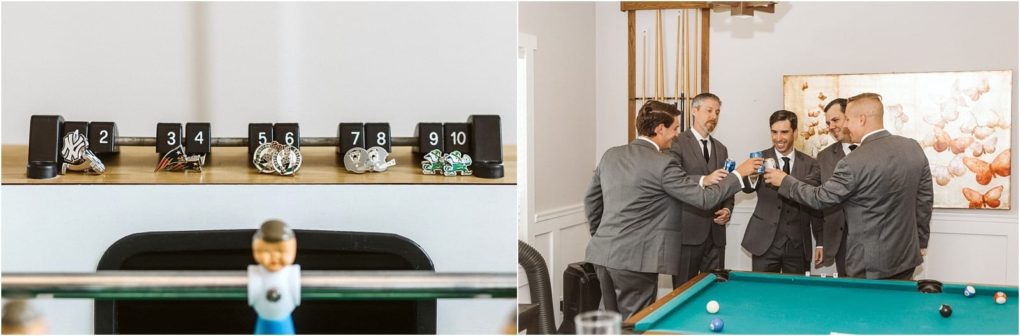 Premier snohomish & seattle wedding photographer | gsquared weddings photography on the left multiple pairs of cufflinks are displayed on numbered holders On the right four men in suitscelebrating a snohomish seattle wedding engagementstand around a pool table raising drinks in a toast | serving snohomish seattle                   & beyond