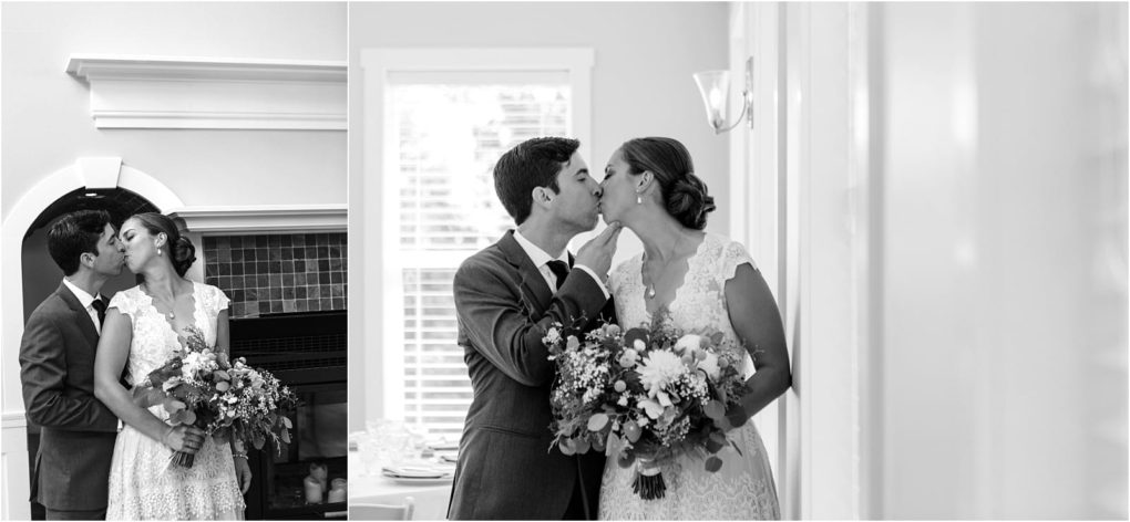 Premier snohomish & seattle wedding photographer | gsquared weddings photography two black and white photos capture a loving snohomish seattle wedding moment as a bride in lace and a groom share kisses near a window and fireplace her bouquet in hand | serving snohomish seattle                   & beyond