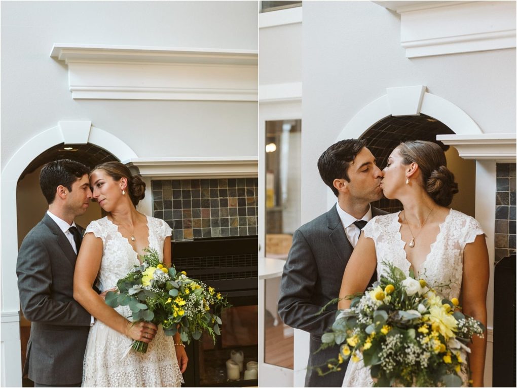 Premier snohomish & seattle wedding photographer | gsquared weddings photography a bride and groom stand closely together indoors dressed in wedding attire Capturing a sweet snohomish seattle wedding moment the bride holds a bouquet of yellow and white flowers as they gaze at each other and share a gentle cheek kiss | serving snohomish seattle                   & beyond