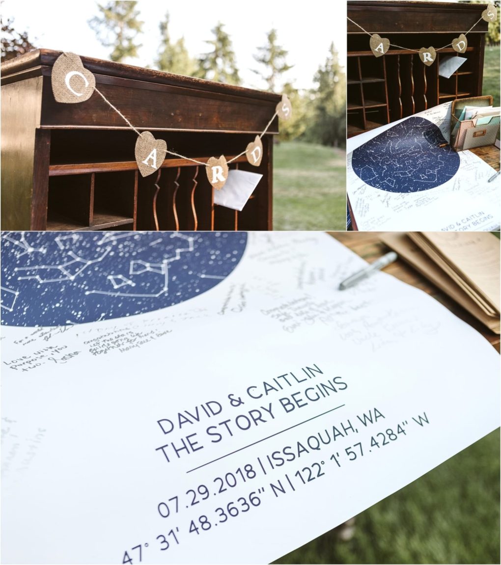 Premier snohomish & seattle wedding photographer | gsquared weddings photography a rustic snohomish wedding gift table outdoors features a cards banner a vintage desk with envelopes and a personalized star map print signed by guests displaying names date and location coordinates | serving snohomish seattle                   & beyond