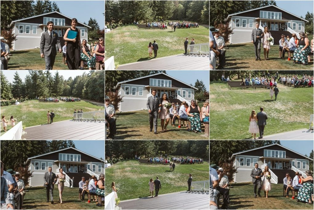 Premier snohomish & seattle wedding photographer | gsquared weddings photography a collage of snohomish wedding photos shows well dressed guests and couples walking down a grassy aisle with a large white house and seated guests in the background under sunny seattle skies | serving snohomish seattle                   & beyond