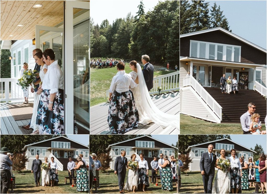 Premier snohomish & seattle wedding photographer | gsquared weddings photography a collage of snohomish wedding photos shows a bride with her parents on a porch walking down steps and proceeding down an outdoor aisle with guests seated on a lawn near a large house surrounded by trees | serving snohomish seattle                   & beyond