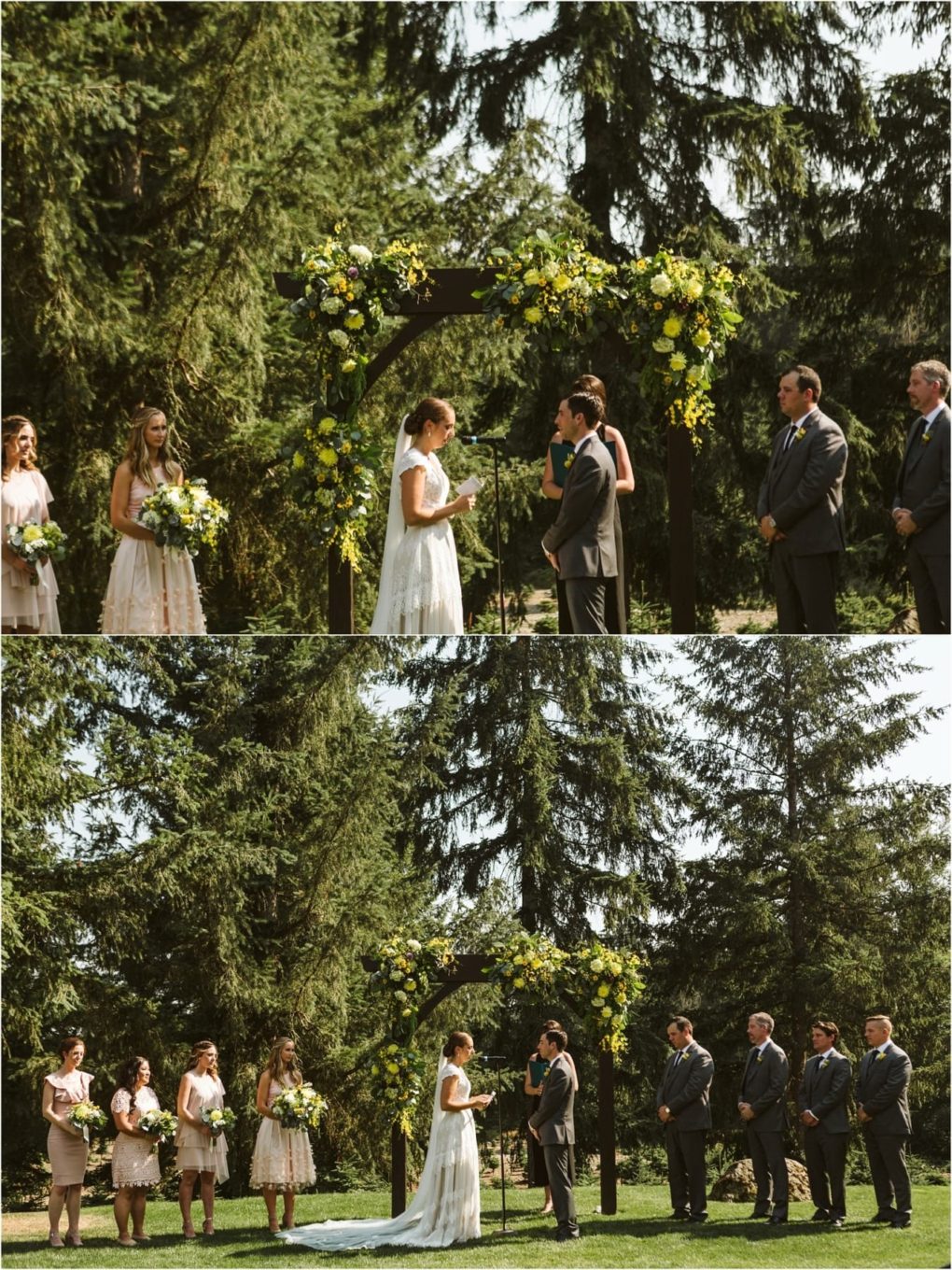 Premier snohomish & seattle wedding photographer | gsquared weddings photography a bride and groom stand under a floral arch exchanging vows at their snohomish outdoor wedding ceremony Bridesmaids in light dresses and groomsmen in dark suits stand beside them with tall green trees in the background | serving snohomish seattle                   & beyond