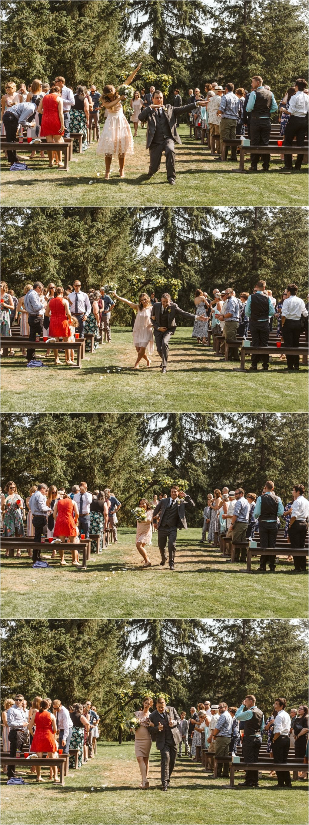 Premier snohomish & seattle wedding photographer | gsquared weddings photography four photos show a joyful man and woman dancing down an outdoor snohomish wedding aisle surrounded by smiling standing guests on benches with trees and greenery in the background | serving snohomish seattle                   & beyond