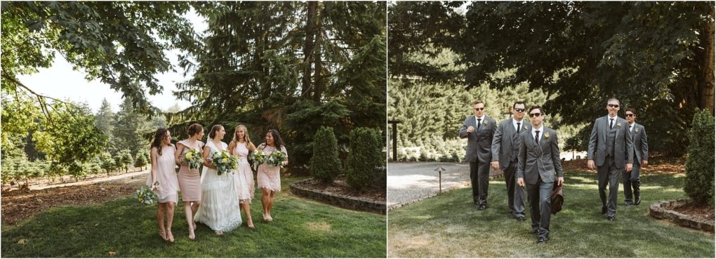 Premier snohomish & seattle wedding photographer | gsquared weddings photography two side by side photos on the left five women in light dresses and holding bouquets walk together outdoors on the right five men in suits and sunglasses stroll across the grass under trees at a snohomish seattle wedding | serving snohomish seattle                   & beyond