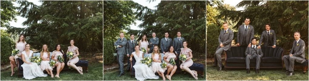 Premier snohomish & seattle wedding photographer | gsquared weddings photography a snohomish wedding party poses outdoors in front of tall trees the first photo shows all members the second just the bridesmaids and brides and the third just the groomsmen and grooms all dressed formally and smiling | serving snohomish seattle                   & beyond