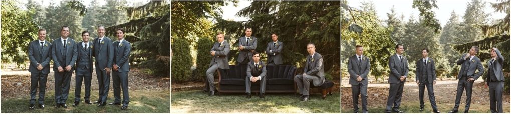 Premier snohomish & seattle wedding photographer | gsquared weddings photography three photos capture a group of groomsmen in grey suits and yellow boutonnieres outdoors among trees at a snohomish seattle wedding standing together sitting on a couch and chatting in a relaxed and cheerful atmosphere | serving snohomish seattle                   & beyond