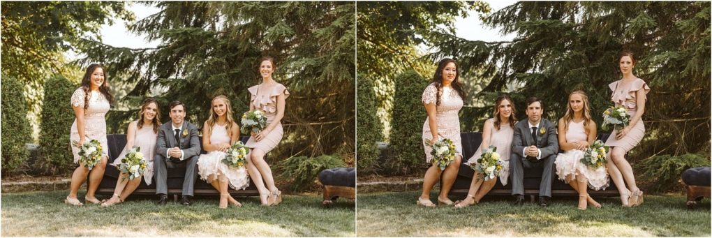 Premier snohomish & seattle wedding photographer | gsquared weddings photography two similar photos side by side showing a snohomish wedding party of four posing outdoors in front of tall greenery two women in pink dresses stand behind a seated bride and groom all smiling and holding bouquets | serving snohomish seattle                   & beyond