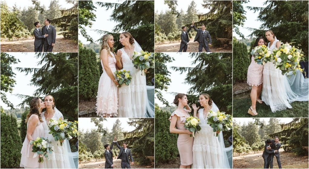 Premier snohomish & seattle wedding photographer | gsquared weddings photography a collage of outdoor snohomish wedding photos shows the bride in a white dress with guests including bridesmaids in pink and groomsmen in dark suits all smiling and posing under tall green trees near seattle | serving snohomish seattle                   & beyond