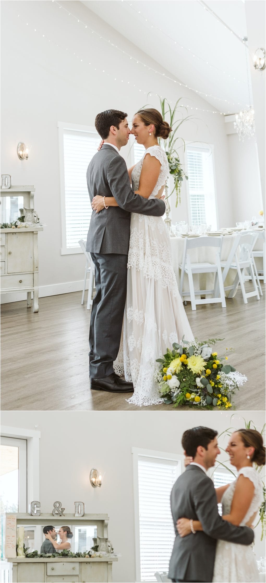 Premier snohomish & seattle wedding photographer | gsquared weddings photography a bride and groom share a first dance in a bright decorated room in snohomish With white walls wooden floors and string lights their seattle wedding feels magicalthe bride in lace holding a bouquet as they look happy and affectionate | serving snohomish seattle                   & beyond