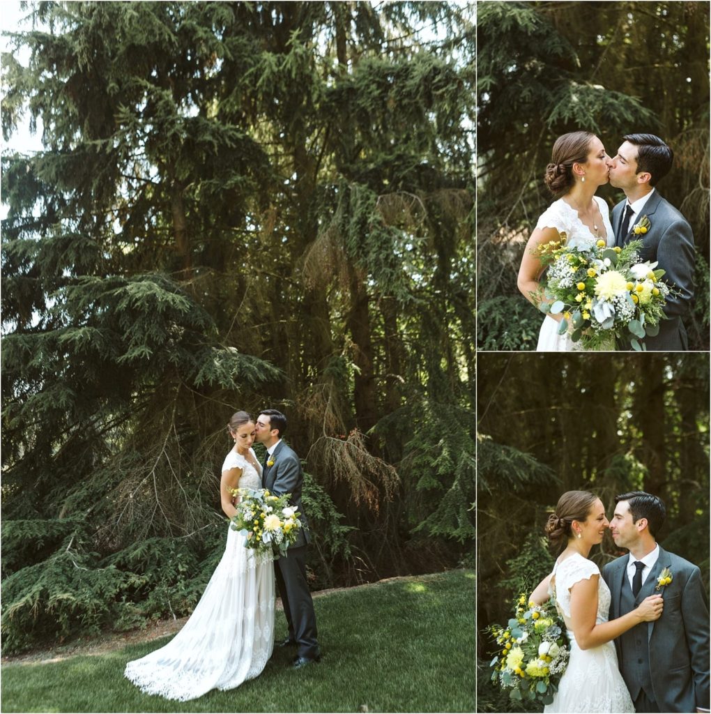 Premier snohomish & seattle wedding photographer | gsquared weddings photography a bride and groom share romantic moments outdoors in snohomish posing and kissing in front of tall pine trees The bride holds a bouquet of yellow and white flowers This seattle wedding collage features three beautiful photos | serving snohomish seattle                   & beyond