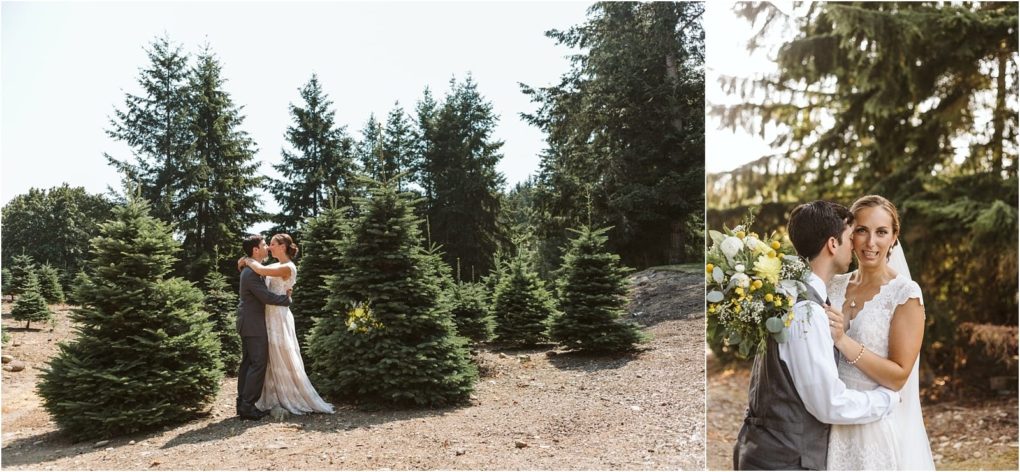 Premier snohomish & seattle wedding photographer | gsquared weddings photography a snohomish newlywed couple embraces among evergreen trees outdoors on the right they smile at each other closely with the bride holding a bouquet of flowers after their seattle wedding engagement | serving snohomish seattle                   & beyond