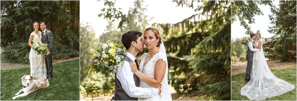 Premier snohomish & seattle wedding photographer | gsquared weddings photography a bride and groom pose outdoors in a green wooded area near snohomish in one photo a dog lies at their feet and in two others the couple embraces as the bride holds a bouquet of yellow and white flowers | serving snohomish seattle                   & beyond